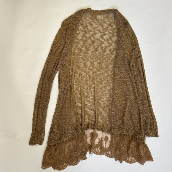 Umgee Womens L Cardigan Sweater Brown Long Sleeve Open Front Knit Layered Lace - Picture 11 of 15